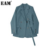 [EAM]  Women Blue Button Ribbon Big Size Blazer Lapel Long Sleeve Loose Fit  Jacket Tide Spring Autumn 2022 1Z705