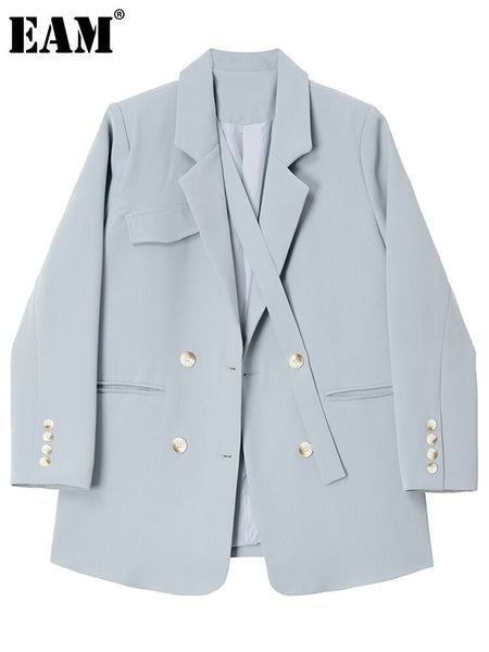[EAM]  Women Blue Irregular Double Breasted Casual Blazer Lapel Long Sleeve Loose Jacket Spring Autumn 2023 1DE1109