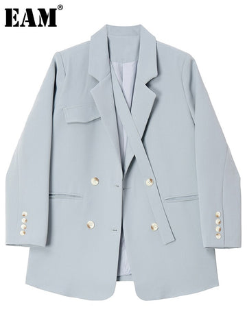 [EAM]  Women Blue Irregular Double Breasted Casual Blazer Lapel Long Sleeve Loose Jacket Spring Autumn 2023 1DE1109