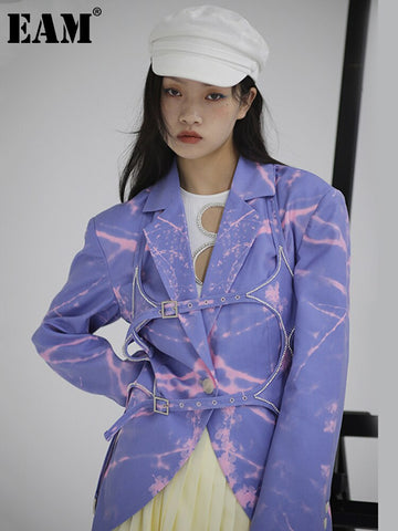 [EAM]  Women Blue Pattern Printed Hollow Out Blazer Lapel Long Sleeve Loose Fit  Jacket Spring Autumn 2023 1S114