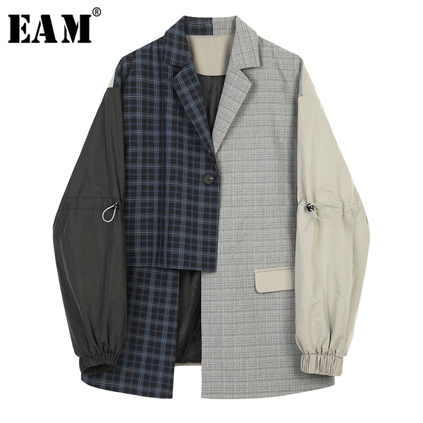 [EAM]  Women Blue Plaid Asymmetrical Big Size Blazer Lapel Long Sleeve Loose Fit Jacket Spring Autumn 2022 1B4690