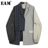 [EAM]  Women Blue Plaid Asymmetrical Big Size Blazer Lapel Long Sleeve Loose Fit Jacket Spring Autumn 2022 1B4690