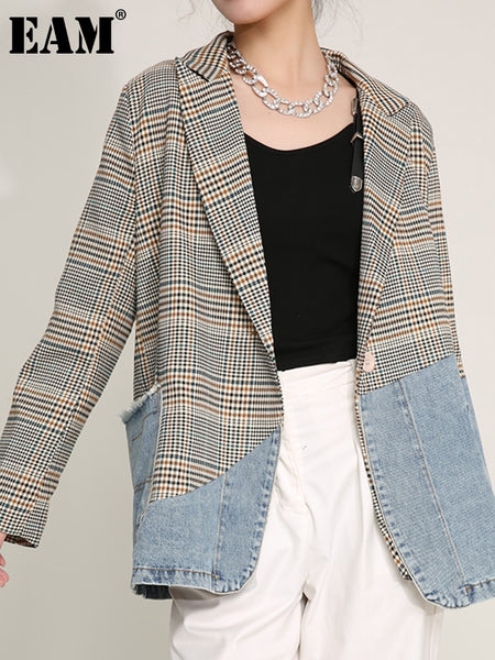 [EAM]  Women Blue Plaid Denim Big Size Blazer Lapel Long Sleeve Loose Fit  Jacket Tide Spring Autumn 2023 1DD641005