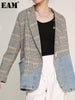 [EAM]  Women Blue Plaid Denim Big Size Blazer Lapel Long Sleeve Loose Fit  Jacket Tide Spring Autumn 2023 1DD641005