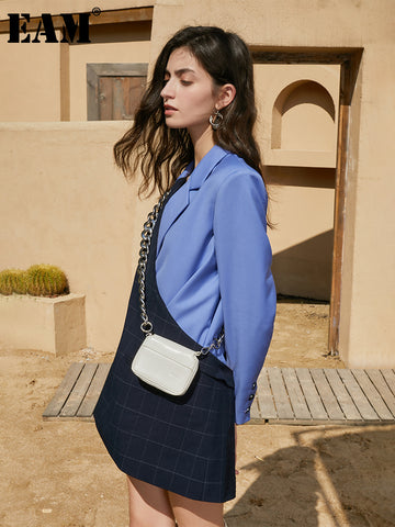 [EAM]  Women Blue Plaid Irreuglar Long Blazer Lapel Long Sleeve Loose Fit Jacket Tide Spring Autumn 2023 1DE9827