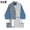 [EAM]  Women Blue Plaid Split Joint Big Size Blazer Lapel Long Sleeve Loose Fit  Jacket Spring Autumn 2022 1S347