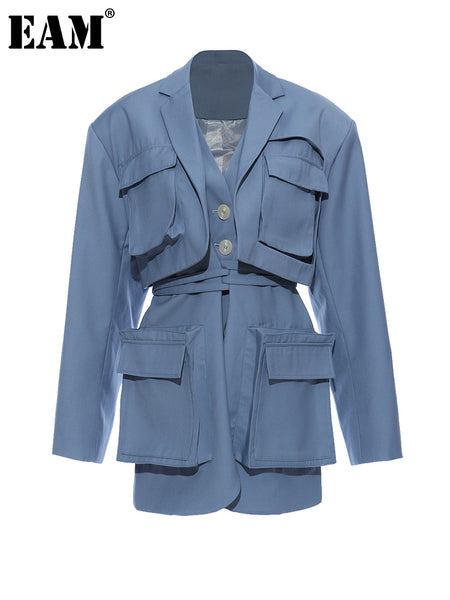 [EAM]  Women Blue Pocket Bandage Big Size Blazer Lapel Long Sleeve Loose Fit Jacket Tide Spring Autumn 2023 1DE8981