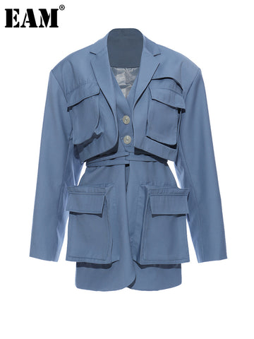 [EAM]  Women Blue Pocket Bandage Big Size Blazer Lapel Long Sleeve Loose Fit Jacket Tide Spring Autumn 2023 1DE8981