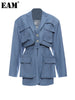 [EAM]  Women Blue Pocket Bandage Big Size Blazer Lapel Long Sleeve Loose Fit Jacket Tide Spring Autumn 2023 1DE8981