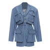 [EAM]  Women Blue Pocket Split Joint Big Size Blazer Lapel Long Sleeve Loose Fit  Jacket Spring Autumn 2022 1T661