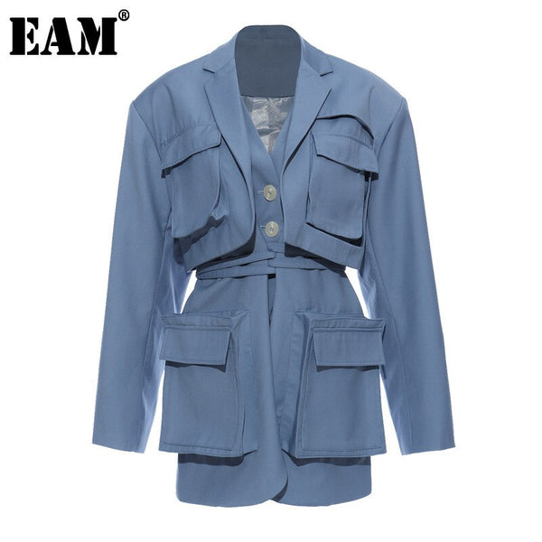 [EAM]  Women Blue Pocket Split Joint Big Size Blazer Lapel Long Sleeve Loose Fit  Jacket Spring Autumn 2022 1T661