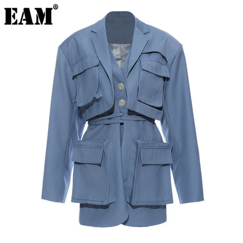 [EAM]  Women Blue Pocket Split Joint Big Size Blazer Lapel Long Sleeve Loose Fit  Jacket Spring Autumn 2022 1T661