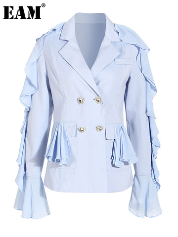 [EAM]  Women Blue Ruffles Elegant Casual Blazer Lapel Long Sleeve Loose Fit Jacket Tide Spring Autumn 2023 1DE7400