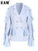 [EAM]  Women Blue Ruffles Elegant Casual Blazer Lapel Long Sleeve Loose Fit Jacket Tide Spring Autumn 2023 1DE7400