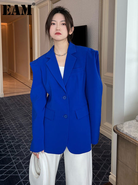 [EAM]  Women Blue Shaped Big Size Casual Blazer Lapel Long Sleeve Loose Fit Jacket Tide Spring Autumn 2023 1DE7176