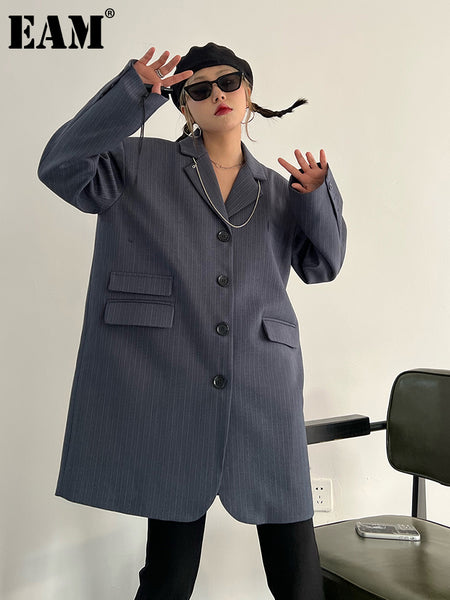 [EAM]  Women Blue Striped Big Size Long Casual Blazer Lapel Long Sleeve Loose Fit Jacket Spring Autumn 2023 1DF0088