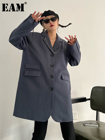 [EAM]  Women Blue Striped Big Size Long Casual Blazer Lapel Long Sleeve Loose Fit Jacket Spring Autumn 2023 1DF0088