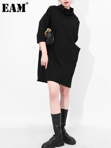 [EAM] Women Brief Big Size Black Dress Turtleneck Three-quarter Sleeve Loose Fit Tide Spring Autumn 2022 JL23001