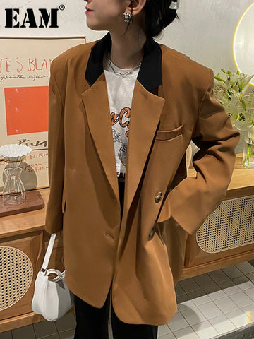 [EAM]  Women Brown Contrast Color Big Size Blazer Lapel Long Sleeve Loose Fit Jacket Tide Spring Autumn 2023 1DE1425