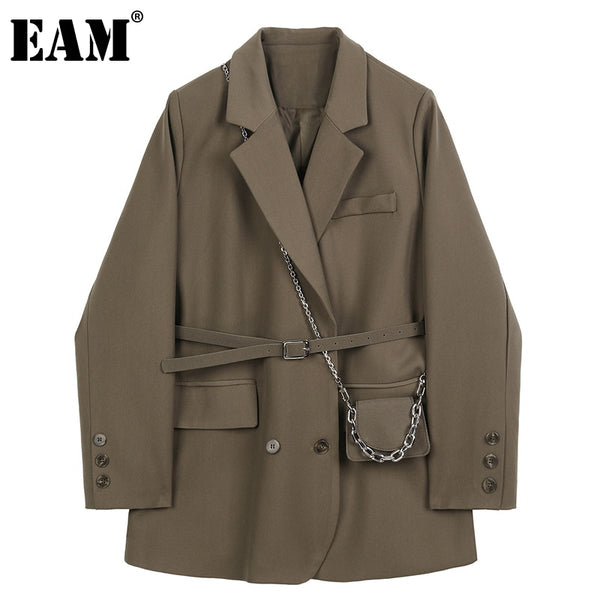 [EAM]  Women Brown Pocket Big Size Blazer Lapel Long Sleeve Loose Fit  Jacket Tide Spring Autumn 2022 1DB850