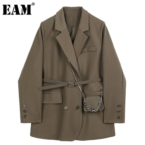 [EAM]  Women Brown Pocket Big Size Blazer Lapel Long Sleeve Loose Fit  Jacket Tide Spring Autumn 2022 1DB850