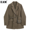 [EAM]  Women Brown Pocket Big Size Blazer Lapel Long Sleeve Loose Fit  Jacket Tide Spring Autumn 2022 1DB850