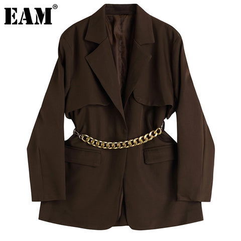 [EAM]  Women Coffee Color Big Size Casual Blazer Lapel Long Sleeve Loose Fit Jacket Tide Spring Autumn 2022 1DE2544
