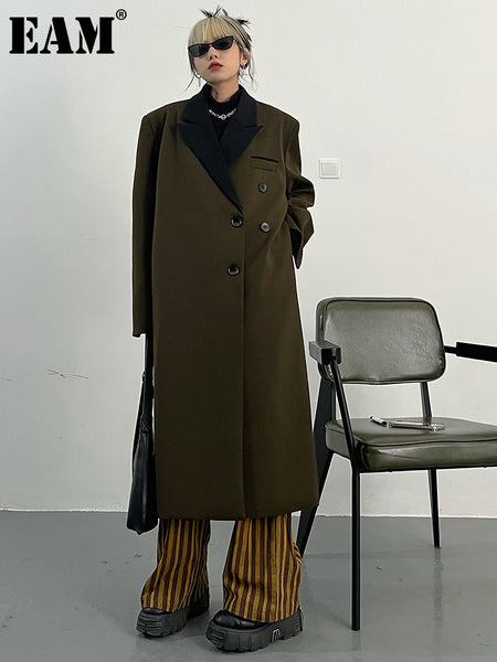 [EAM]  Women Coffee Shoulder Padded Big Size Long Blazer Lapel Long Sleeve Jacket Tide Spring Autumn 2023 1DF0213