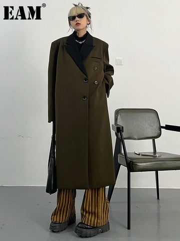 [EAM]  Women Coffee Shoulder Padded Big Size Long Blazer Lapel Long Sleeve Jacket Tide Spring Autumn 2023 1DF0213