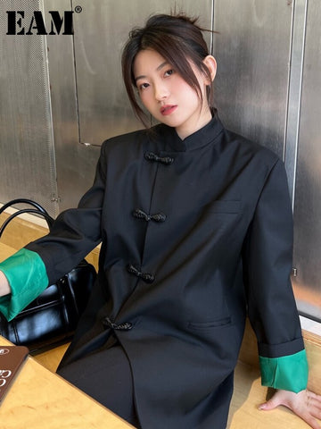 [EAM]  Women Color-block Big Size Blazer MANDARIN COLLAR Long Sleeve Loose Fit Jacket Spring Autumn 2023 1DE6798