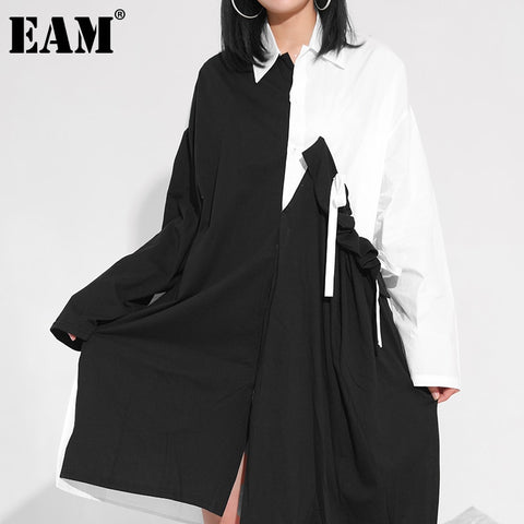 [EAM] Women Color-block Irregular Big Size Shirt Dress Turn-down Collar Long Sleeve Spring Autumn 2023 1DD181801