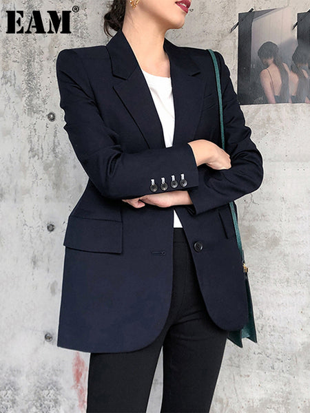 [EAM]  Women Dark Blue Brief Temperament Blazer Lapel Long Sleeve Loose Fit  Jacket Tide Spring Autumn 2023 1Y670