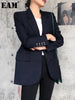 [EAM]  Women Dark Blue Brief Temperament Blazer Lapel Long Sleeve Loose Fit  Jacket Tide Spring Autumn 2023 1Y670