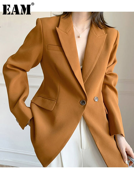 [EAM]  Women Elegant Orange Blazer Notched Collar Long Sleeve Loose Fit  Jacket Tide Spring Autumn 2023 1DD5281