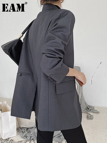 [EAM]  Women Gray Back Vent Big Size Blazer Lapel Long Sleeve Loose Fit  Jacket Tide Spring Autumn 2023 1DB320