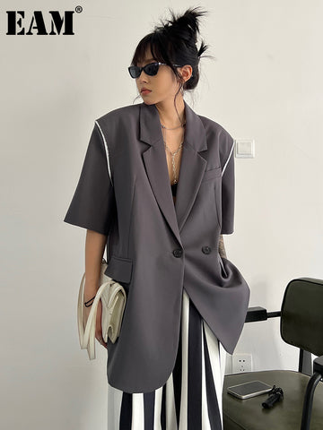 [EAM]  Women Gray Color-block Big Size Blazer Lapel Long Sleeve Loose Fit Jacket Tide Spring Summer 2023 1DF0095