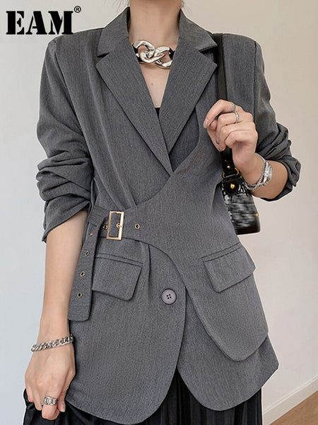 [EAM]  Women Gray Irregular Big Size Blazer Lapel Long Sleeve Loose Fit  Jacket Tide Spring Autumn 2023 1DC042