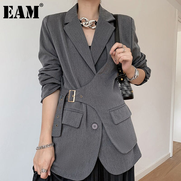 [EAM]  Women Gray Irregular Big Size Blazer Lapel Long Sleeve Loose Fit  Jacket Tide Spring Autumn 2022 1DC042