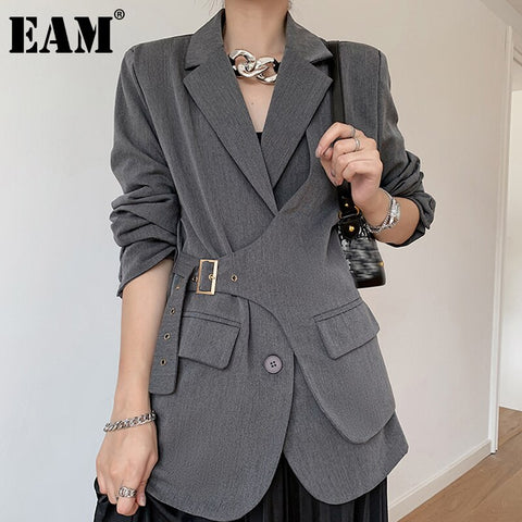 [EAM]  Women Gray Irregular Big Size Blazer Lapel Long Sleeve Loose Fit  Jacket Tide Spring Autumn 2022 1DC042