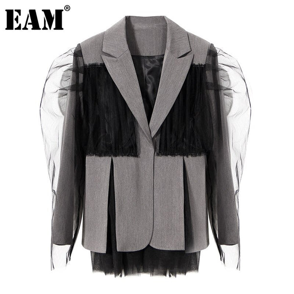 [EAM]  Women Gray Mesh Big Size Irregular Blazer Lapel Long Sleeve Loose Fit Jacket Tide Spring Autumn 2022 1DE1675