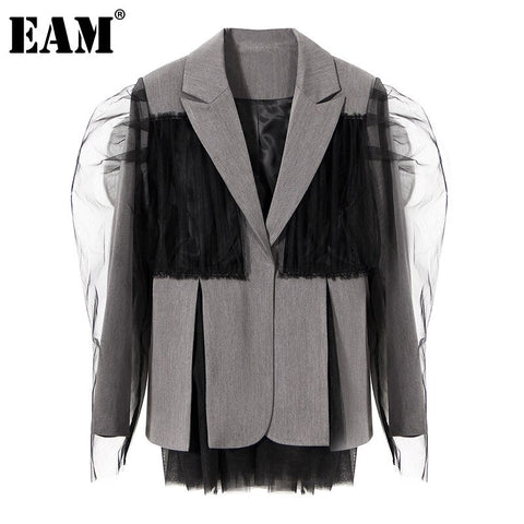 [EAM]  Women Gray Mesh Big Size Irregular Blazer Lapel Long Sleeve Loose Fit Jacket Tide Spring Autumn 2022 1DE1675