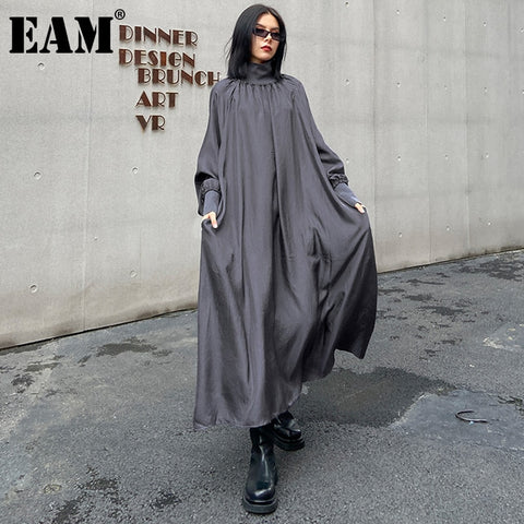 [EAM] Women Gray Ovesized Long Elegant  Dress Turtleneck Long Sleeve Loose Fit Tide Spring Autumn 2023 1DE1066