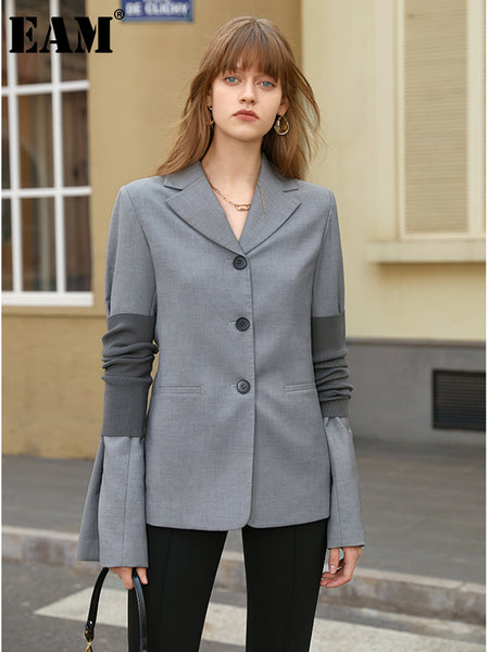 [EAM]  Women Gray Pleated Elegant Casual Blazer Lapel Long Sleeve Loose Fit Jacket Tide Spring Autumn 2023 1DE7284