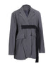 [EAM]  Women Gray Ribbon Slit Big Size Blazer Lapel Long Sleeve Loose Fit Jacket Tide Spring Autumn 2023 1DE8957