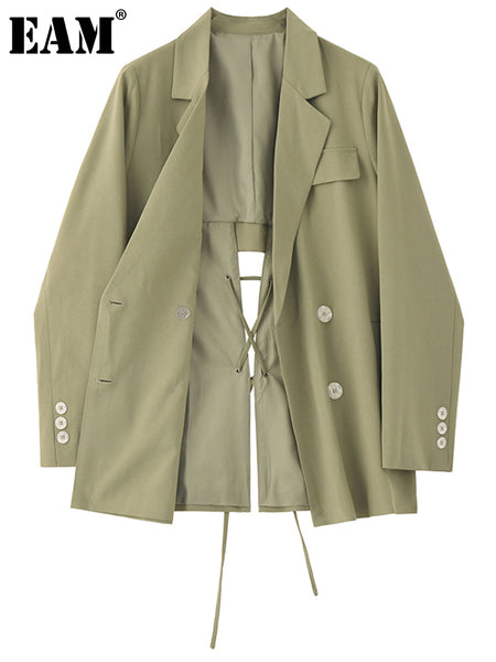 [EAM]  Women Green Back Bandaeg Big Size Thin Blazer Lapel Long Sleeve Loose Fit Jacket Spring Autumn 2023 1DE1119