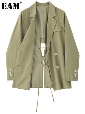 [EAM]  Women Green Back Bandaeg Big Size Thin Blazer Lapel Long Sleeve Loose Fit Jacket Spring Autumn 2023 1DE1119