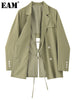 [EAM]  Women Green Back Bandaeg Big Size Thin Blazer Lapel Long Sleeve Loose Fit Jacket Spring Autumn 2023 1DE1119