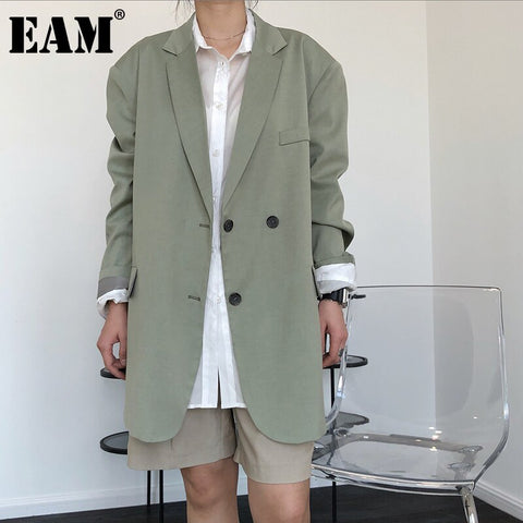 [EAM]  Women Green Big Size Long Casual Blazer Lapel Long Sleeve Loose Fit Jacket Tide Spring Autumn 2022 1DE0919