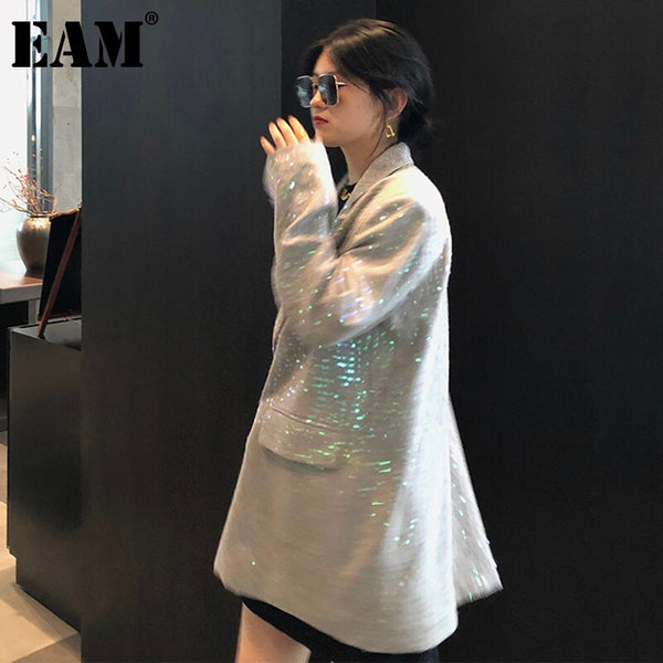 [EAM] Women Green Blingbling Sequins Big Size Blazer Lapel Long Sleeve Loose Fit  Jacket Spring Autumn 2022 1DD6457