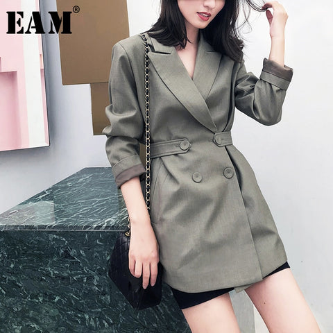 [EAM]  Women Green Button Split Leisure Blazer Lapel Long Sleeve Loose Fit  Jacket Tide Spring Autumn 2022 1W5160